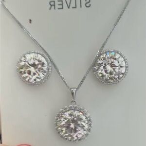 Silver-Tone Crystal Halo Necklace & Earring Set